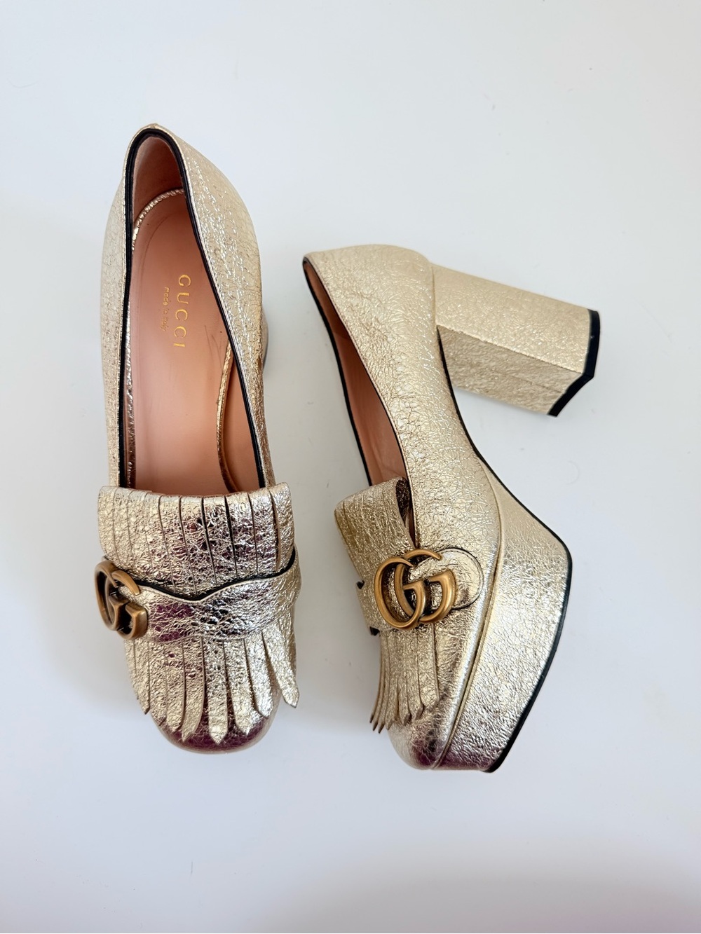 Gucci GG Marmont 573020 Gold Galassia Fringe Platform Pumps Heels 38.5